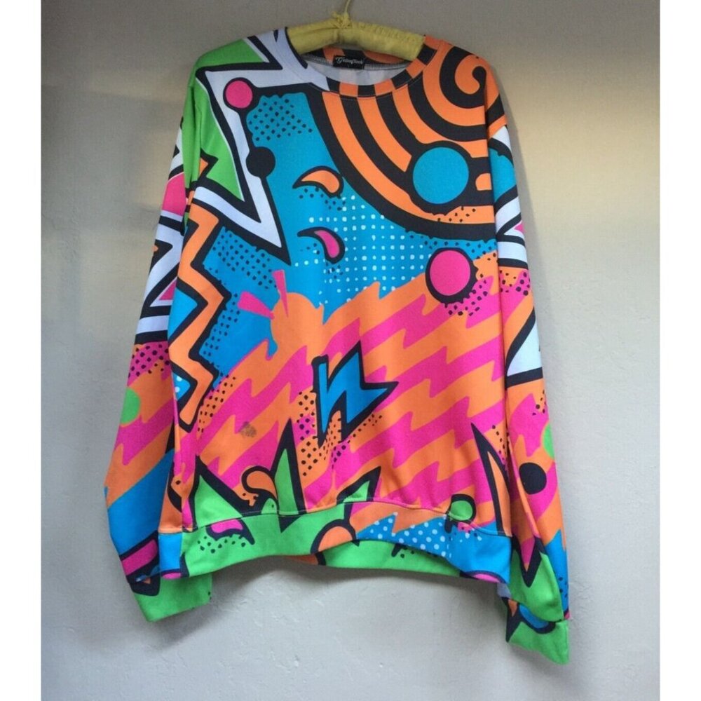 Getonfleek Large Crew Neck 90s Party Graphic Sweatshirt Pullover Colorful Unisex
